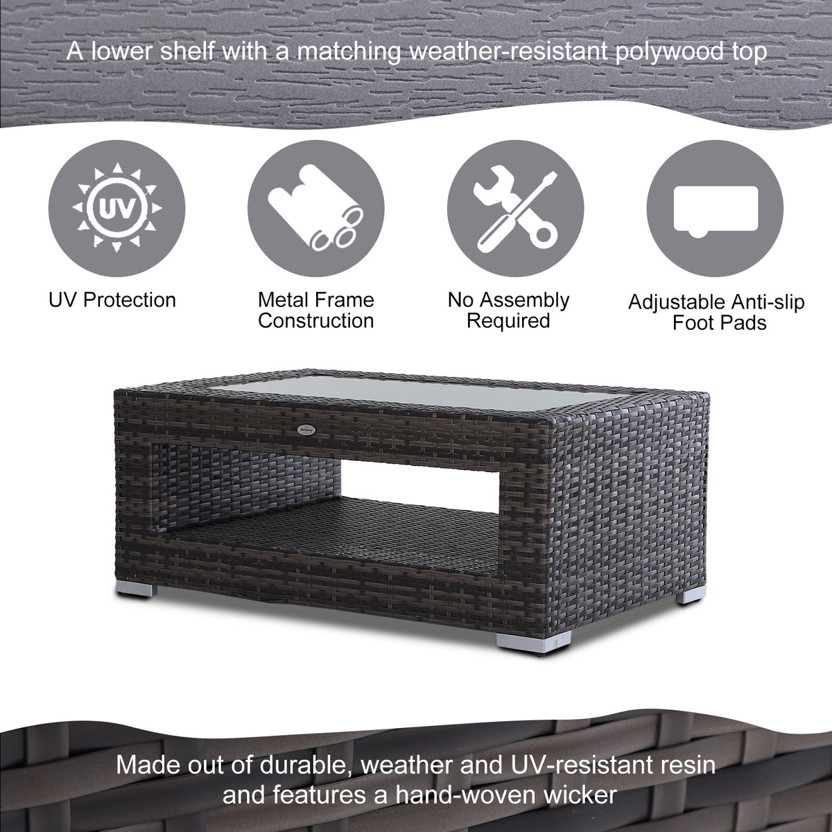 2-Tier Rattan Patio Coffee Table Wicker Patio Tea End Desk with Tempered Glass Top & Storage for Balcony, Backyard, Poolside
