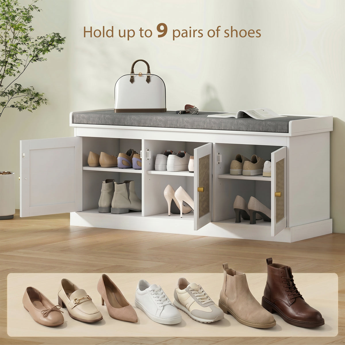 Shoe Storage Bench with Woven Rattan Doors, Shoe Bench with Cushion, Adjustable Shelves, Entryway Bench, White