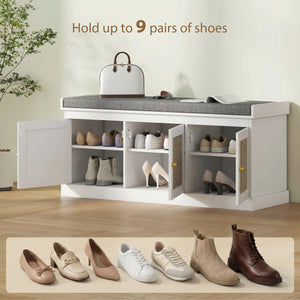 Shoe Storage Bench with Woven Rattan Doors, Shoe Bench with Cushion, Adjustable Shelves, Entryway Bench, White