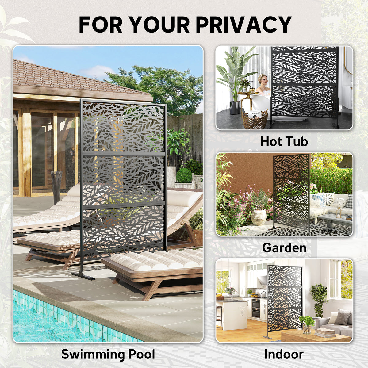 Metal Outdoor Privacy Screen, Freestanding Outdoor Divider with Stand, 78" x 48", Black