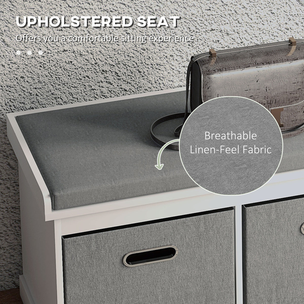 Shoe Storage Bench with Seat, Entryway Bench Seat with Cushion, 2 Fabric Drawers for Hallway, White