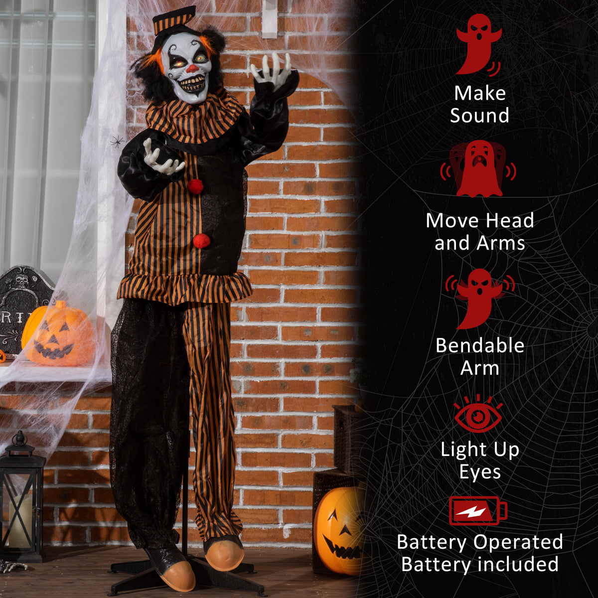 5.6' Life Size Clown Outdoor Halloween Decoration Animatronic, Animated Prop w/ Light Up Eyes