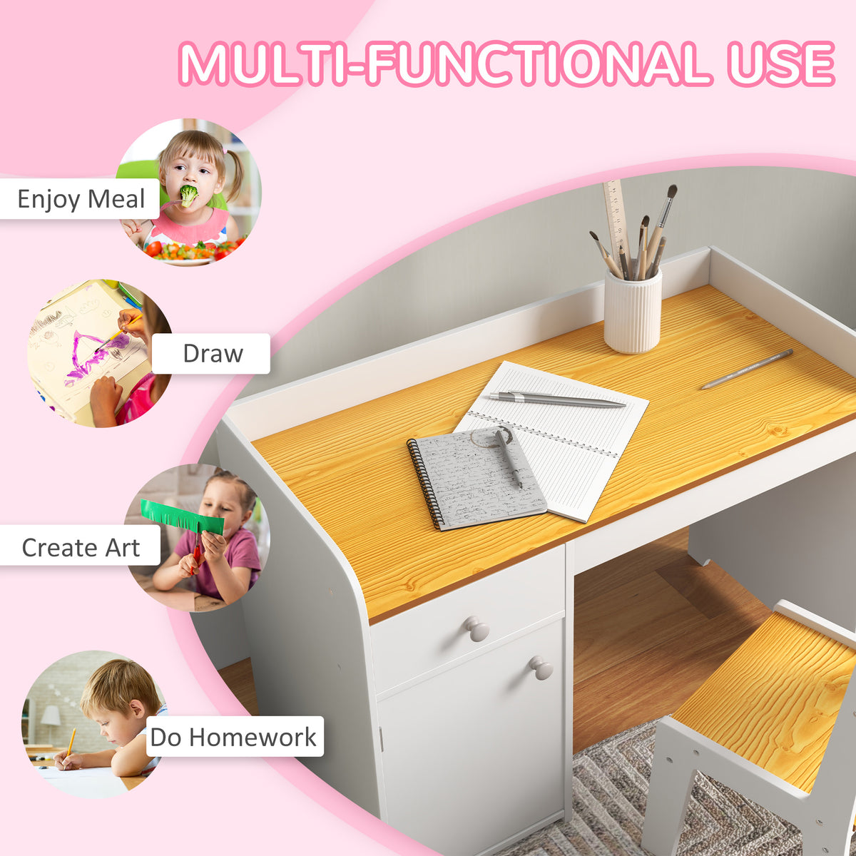 Qaba Kids Desk and Chair Set for 3-6 Year Old with Storage Drawer, Study Table and Chair for Children, White