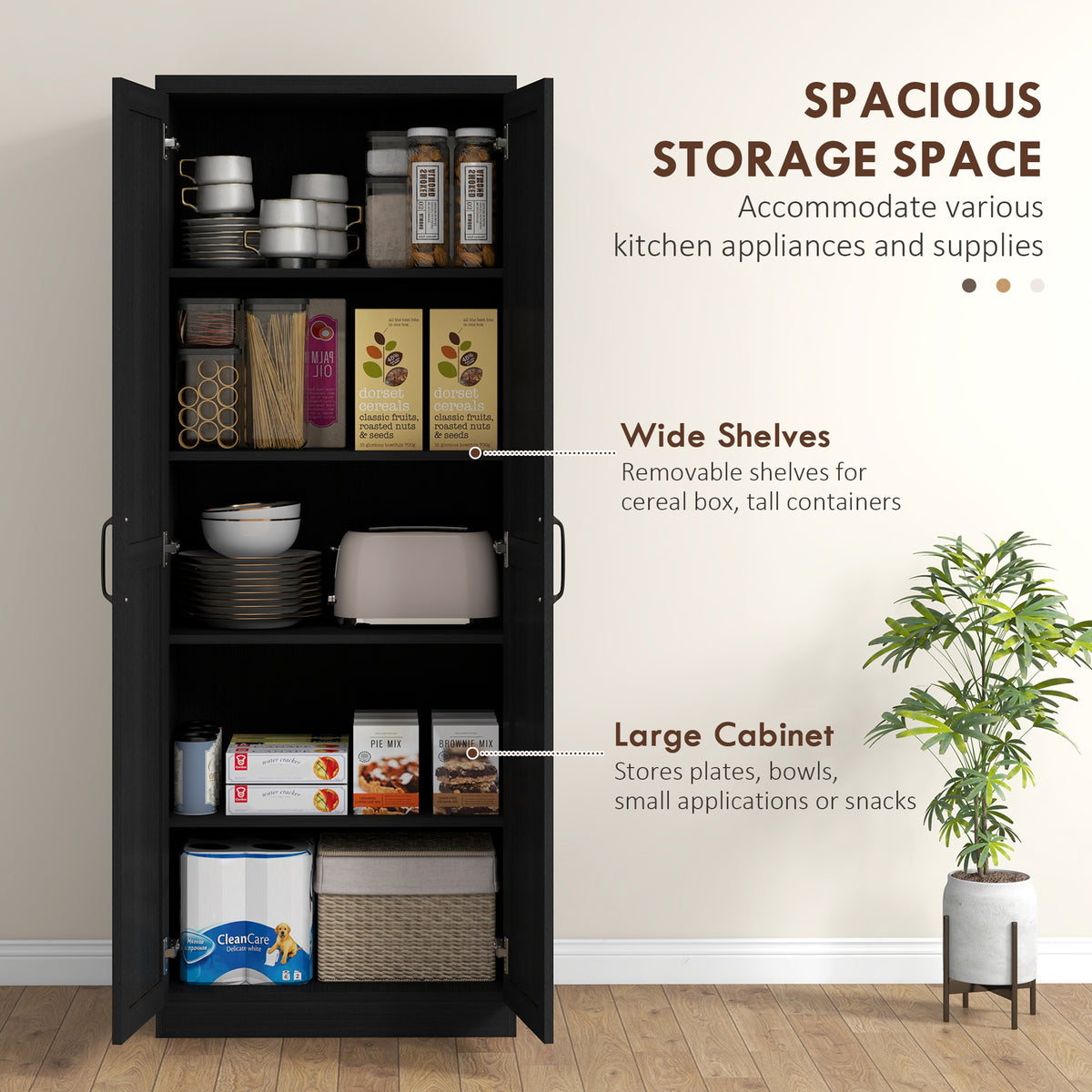 63" Kitchen Storage Cabinet, 5-tier Pantry Cabinet with Doors and Adjustable Shelves for Dining Room, Black – view 3