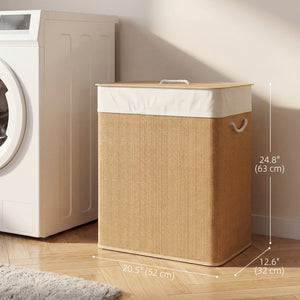 Double Laundry Basket with Lid, 100L Bamboo Laundry Hamper with Rope Handles and Removable Bags, Brown – view 2