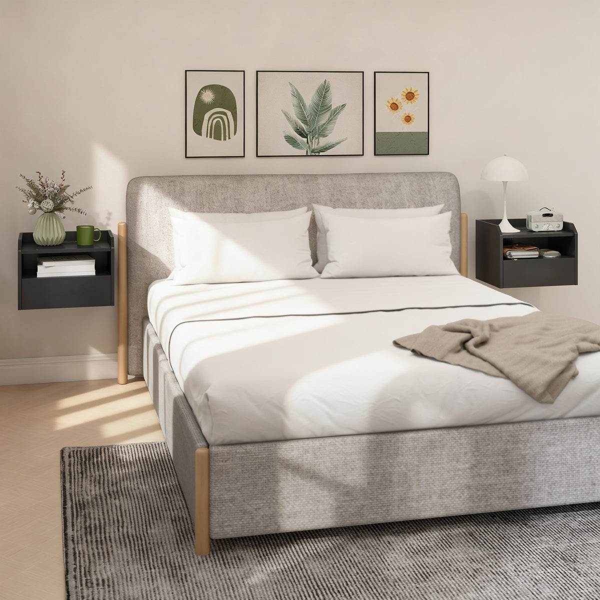 Wall Mounted Bedside Table, Set of 2 Floating Nightstand with Charging Station, Drawer and Open Shelf for Bedroom, Black