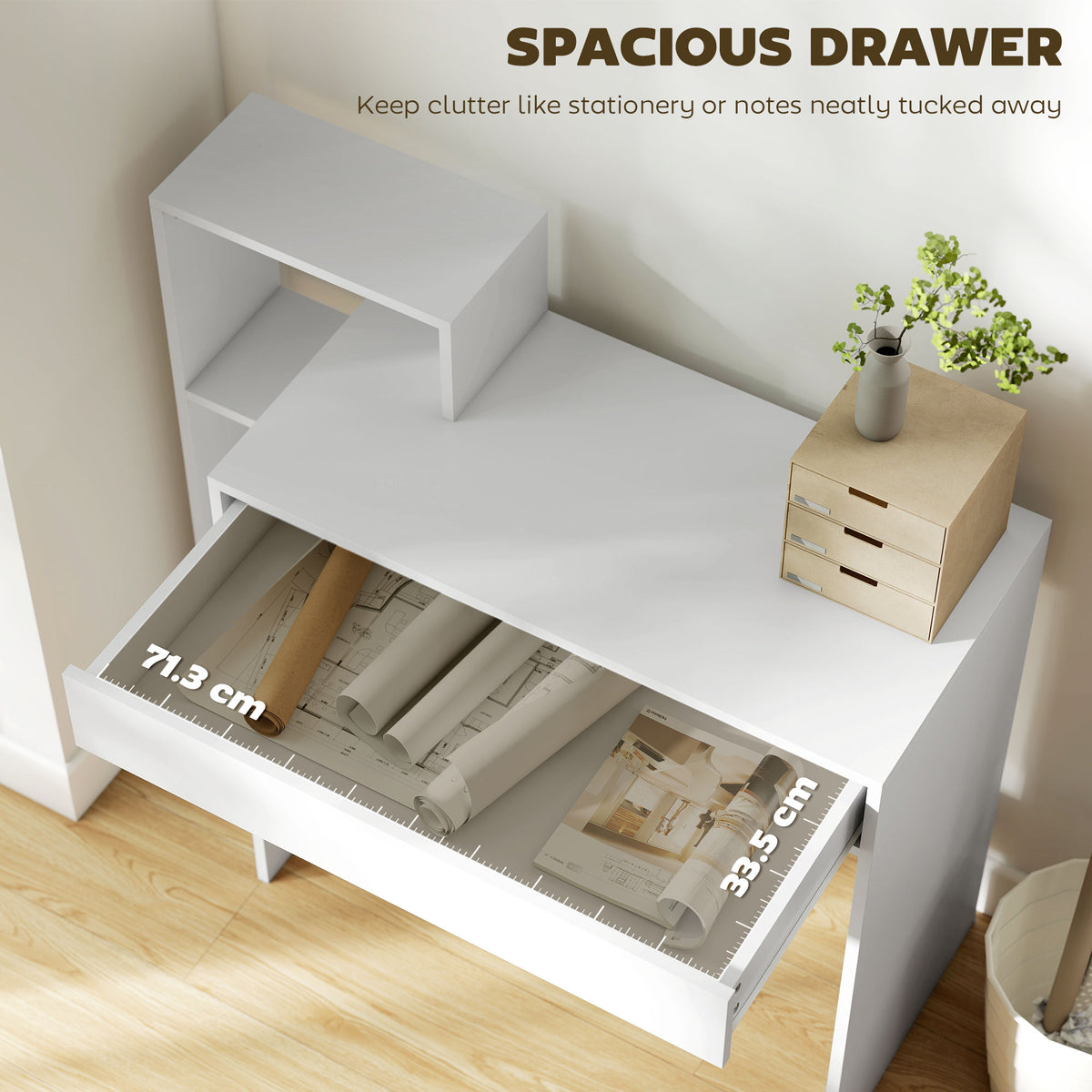 Desk with Storage, Computer Desk with 3 Open Shelves and Drawer White