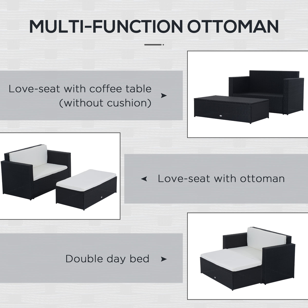 2 Pieces Wicker Patio Furniture Set with Double Ottoman, Outdoor PE Rattan Conversation Set with Loveseat and Two Seat Ottoman, Cream White