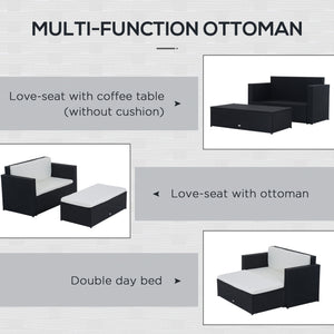 2 Pieces Wicker Patio Furniture Set with Double Ottoman, Outdoor PE Rattan Conversation Set with Loveseat and Two Seat Ottoman, Cream White