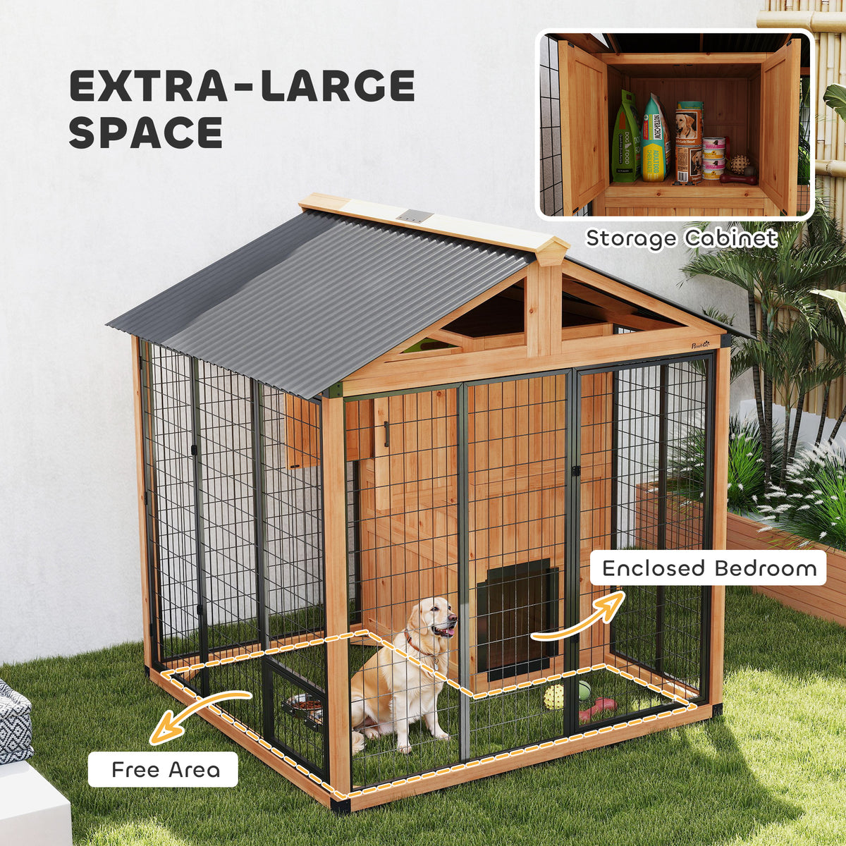 86" L Dog House Outdoor, Wooden Dog Kennel with Storage Cabinet, Stainless Steel Bowls for Large Breeds, Yellow