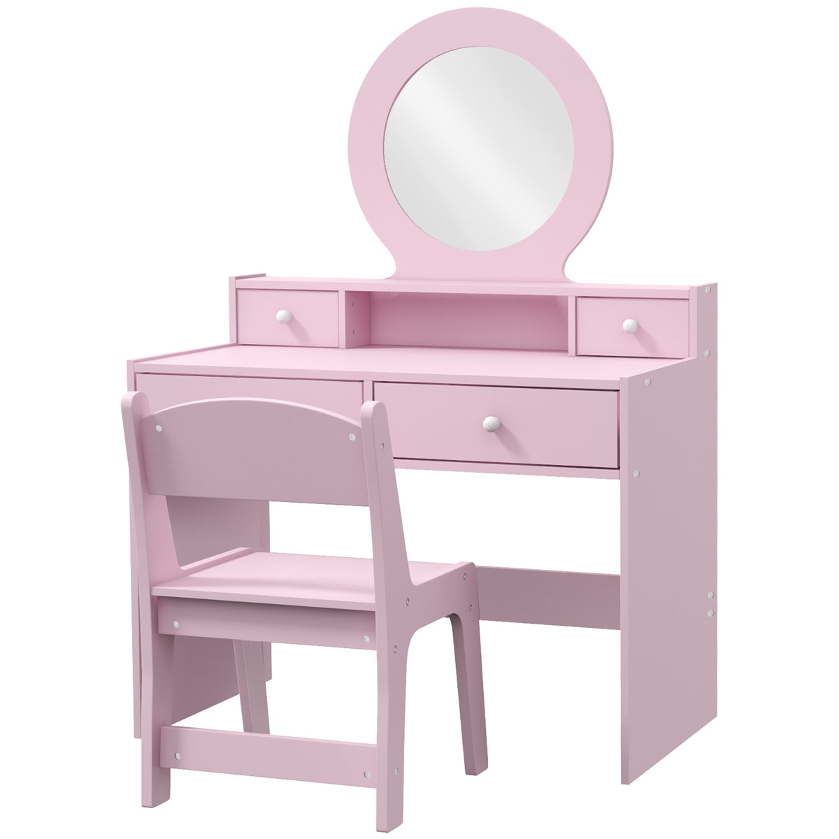 Qaba Kids Vanity Set, Children Makeup Table with Mirror, Stool and Storage Drawers, for Ages 3-8