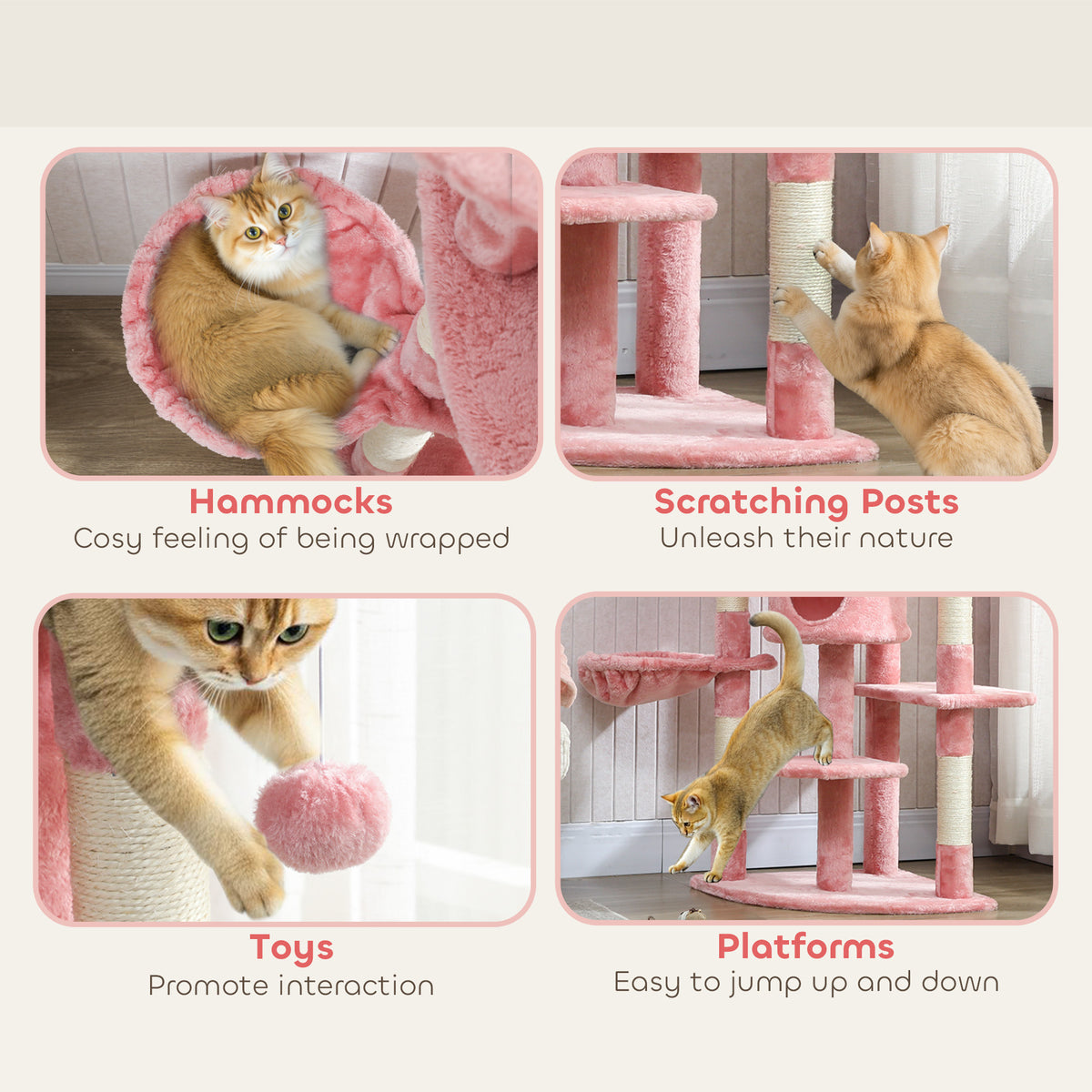 62" Cat Tree with Scratching Post, 2 Condos, Hammock, Perches, Plush, Pompoms, for Indoor Cats, Beige – view 27