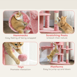 62" Cat Tree with Scratching Post, 2 Condos, Hammock, Perches, Plush, Pompoms, for Indoor Cats, Beige – view 27