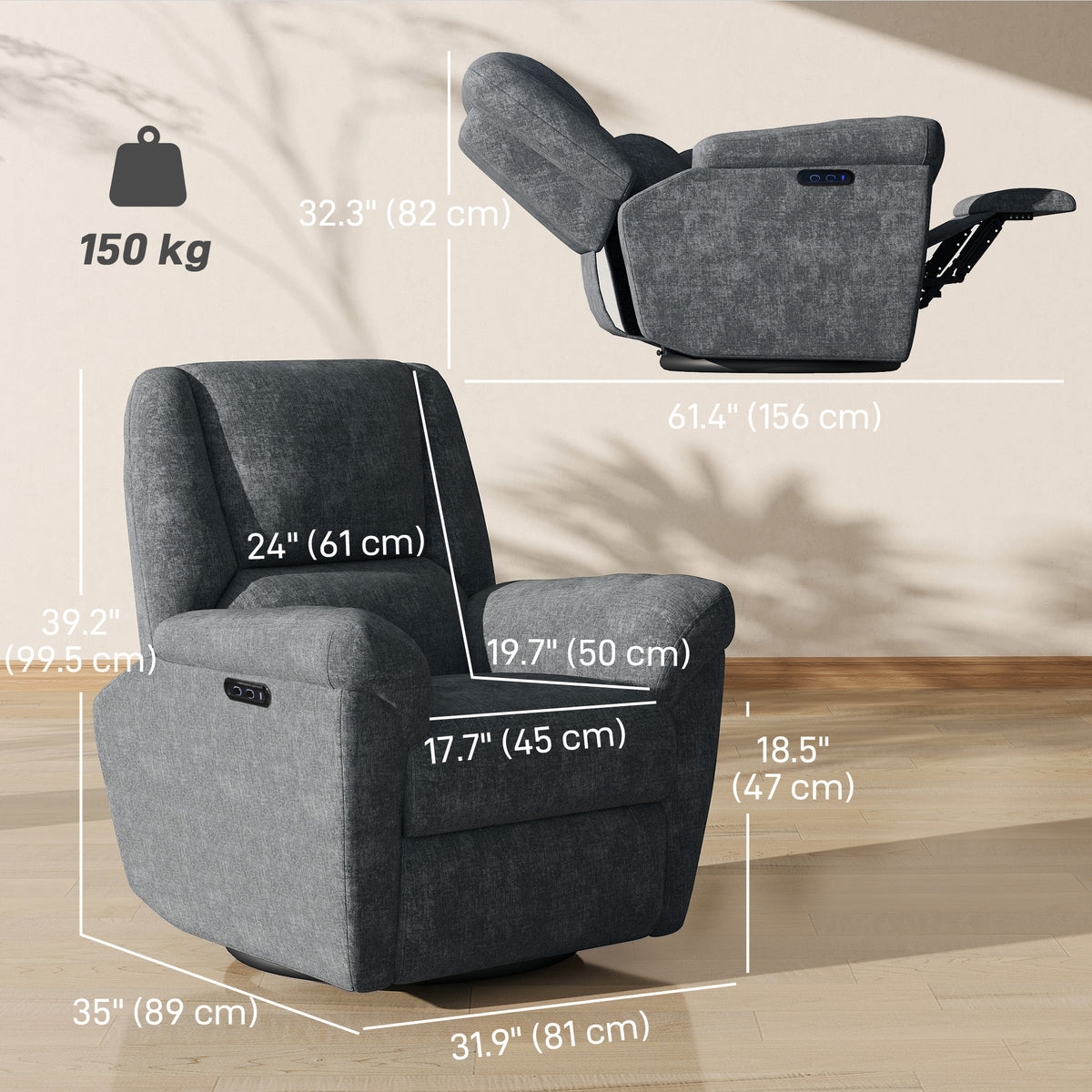 Power Recliner Chair, Fabric Upholstered Recliner Chair with USB Ports, Swivel and Rocking Function – view 9