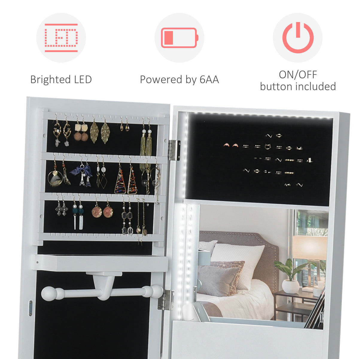 Jewellery Cabinet with Full-Length Mirror, Standing Jewelry Armoire with LED Light, White