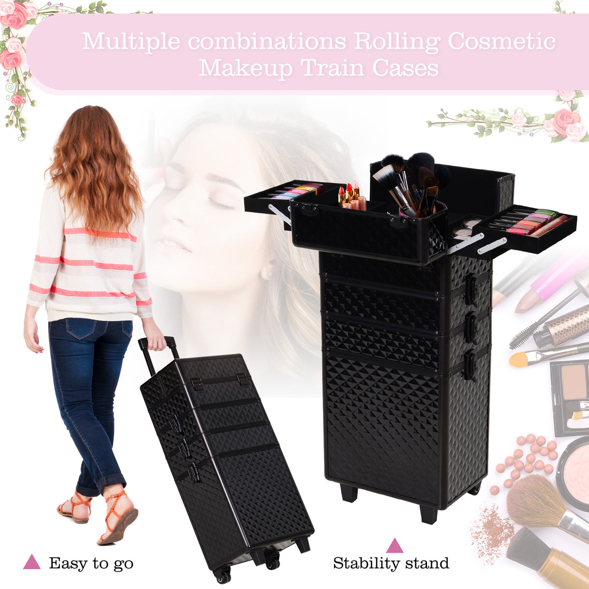 4 in 1 Portable Aluminum Makeup Case Train Cases, Rolling Makeup Case with 2 Wheels, Multiple Compartments and Lift Handle