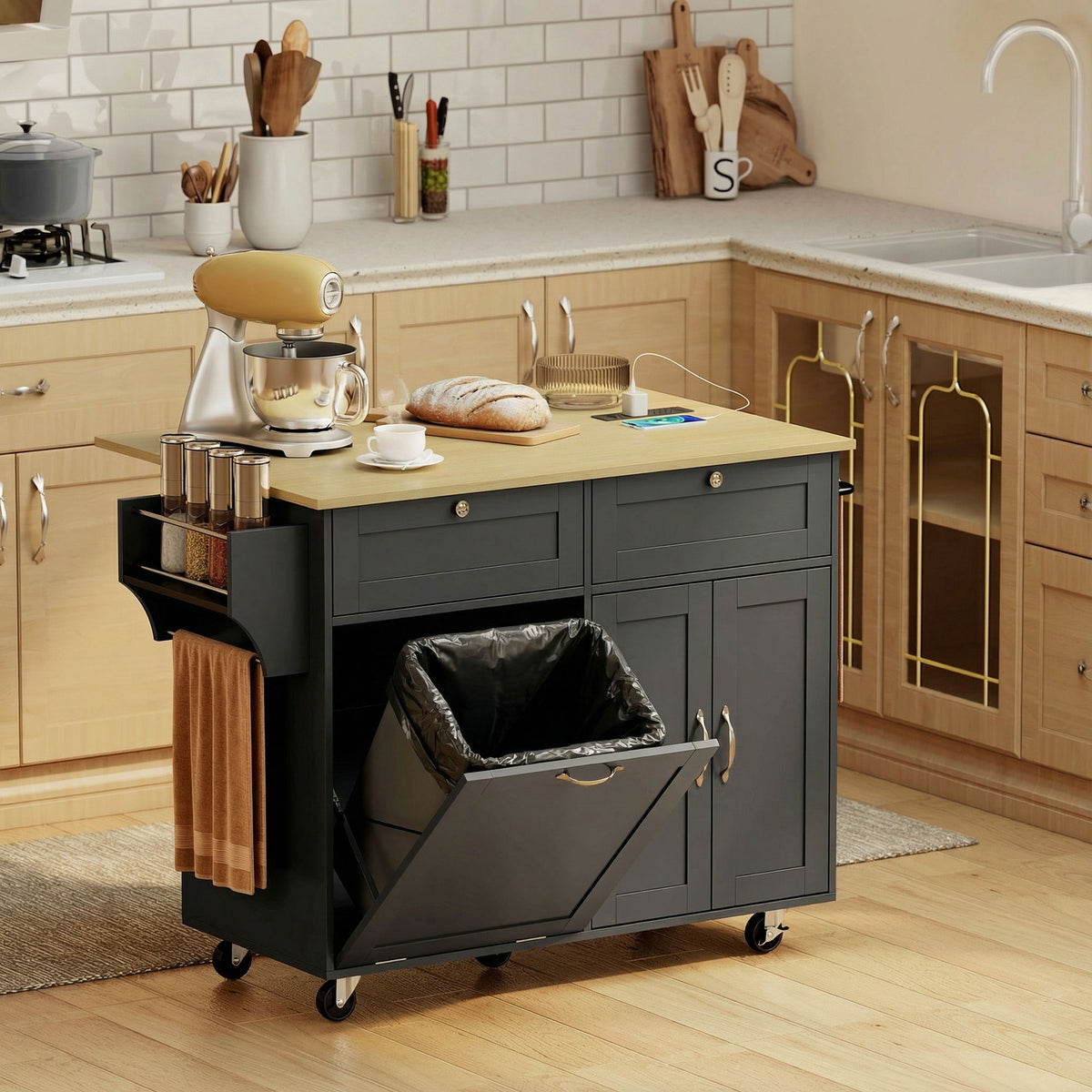 Kitchen Island Cart with Charging Station and Drop Leaf – view 7