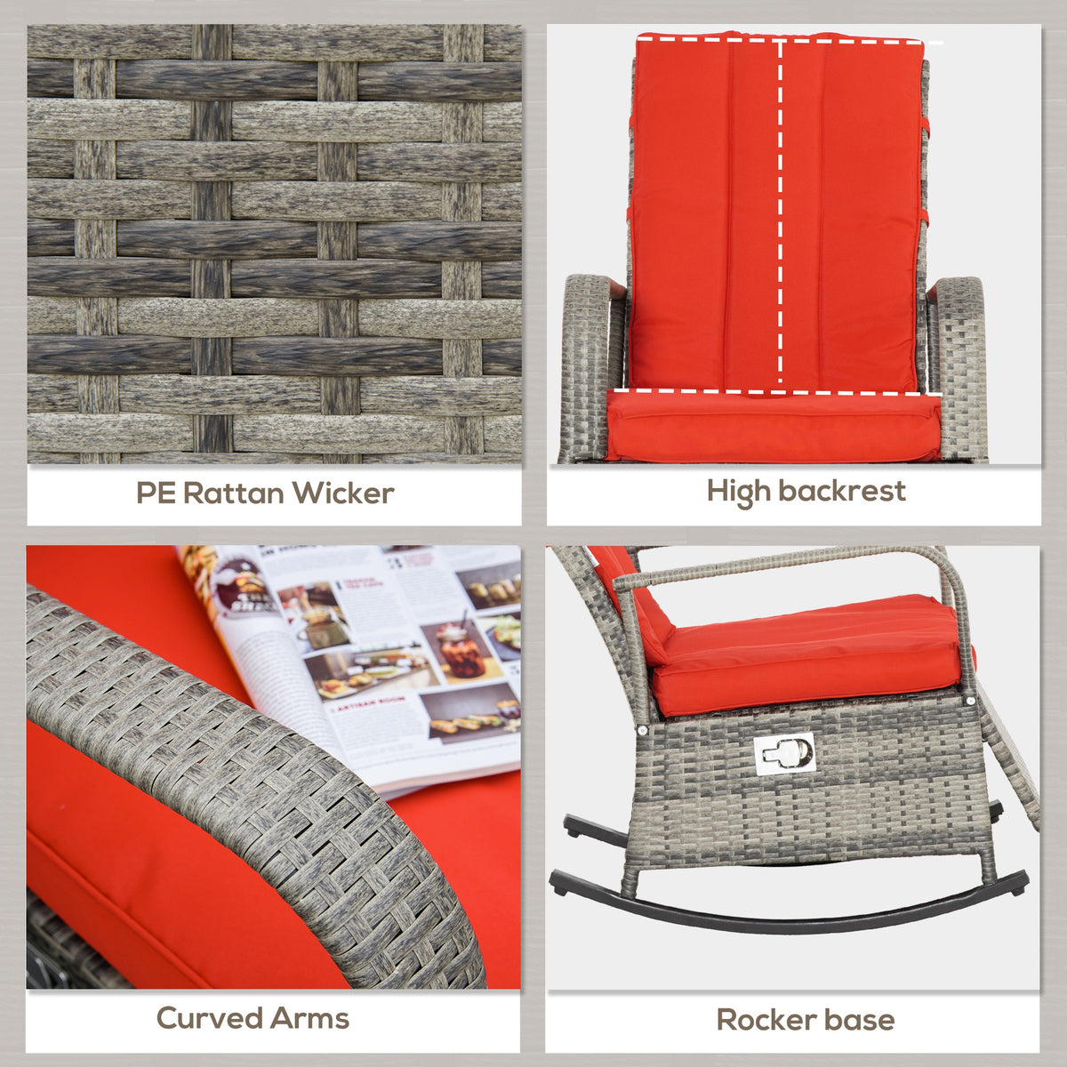 Outdoor Wicker Rocking Chair with Cushion, Patio PE Rattan Recliner Chair with Adjustable Footrest – view 20