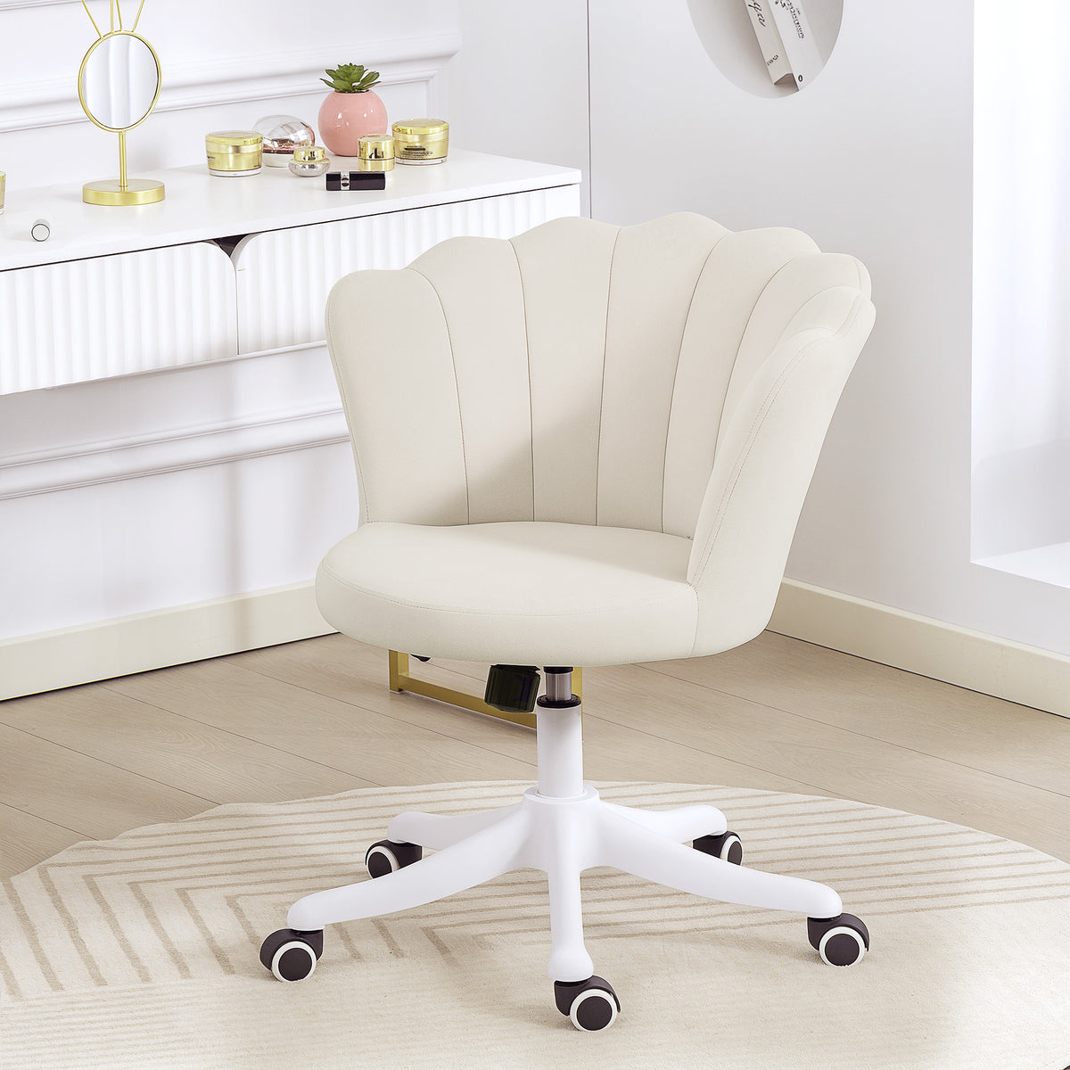 Office Chair, Armless Swivel Desk Chair with Adjustable Height, Backrest, Tilt Function for Office, Vanity, Cream