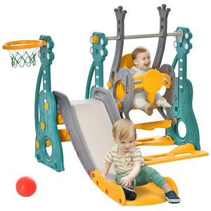 Qaba 4-in-1 Toddler Slide and Swing Set with Basketball Hoop and Adjustable Seat Height, Kids Play Climber Slide Playset for Indoor and Outdoor Playground Activity Center