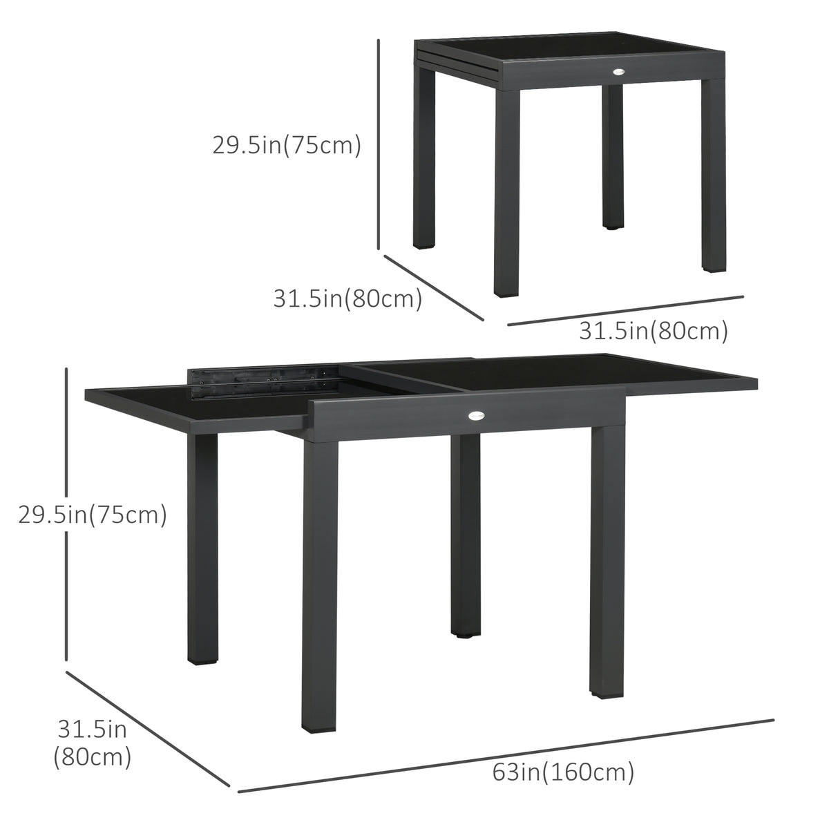 63" Extendable Outdoor Dining Table Patio Table with Aluminum Frame and Tempered Glass Tabletop, Black