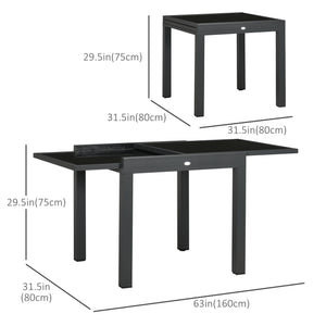 63" Extendable Outdoor Dining Table Patio Table with Aluminum Frame and Tempered Glass Tabletop, Black