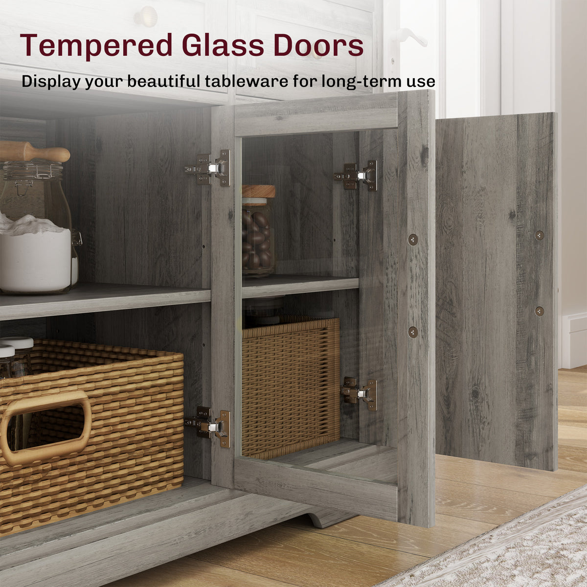 Dining Room Sideboard Buffet Cabinet with Storage, Coffee Bar Cabinet with Glass Doors and Adjustable Shelves, Weathered Grey Oak