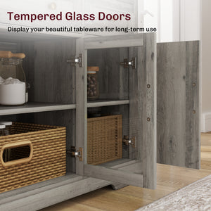 Dining Room Sideboard Buffet Cabinet with Storage, Coffee Bar Cabinet with Glass Doors and Adjustable Shelves, Weathered Grey Oak