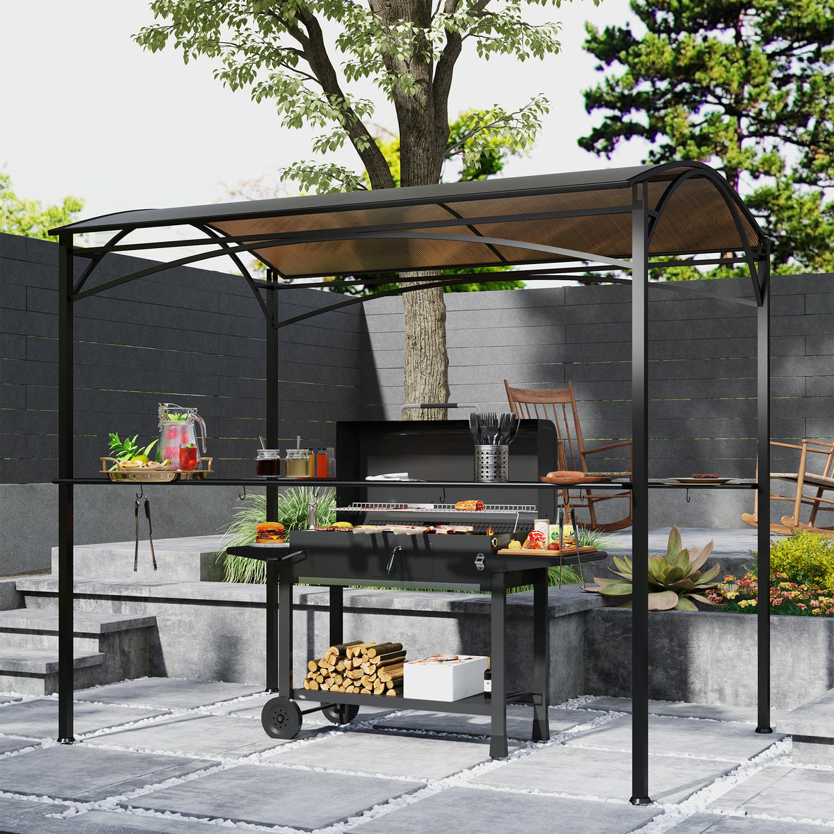 8' x 5' Hardtop Grill Gazebo, Outdoor BBQ Gazebo with PC Board Roof, BBQ Canopy Gazebo with 2 Side Shelves and 10 Hooks