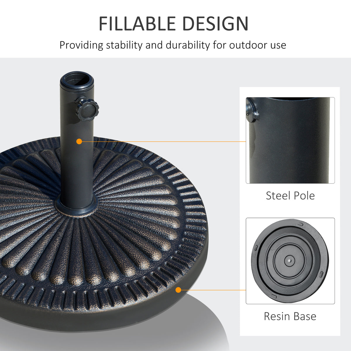 Round Umbrella Base Φ19.1", 31.5 lbs Resin Stand with Decorative Design for Poles 1.5"/1.9", Bronze