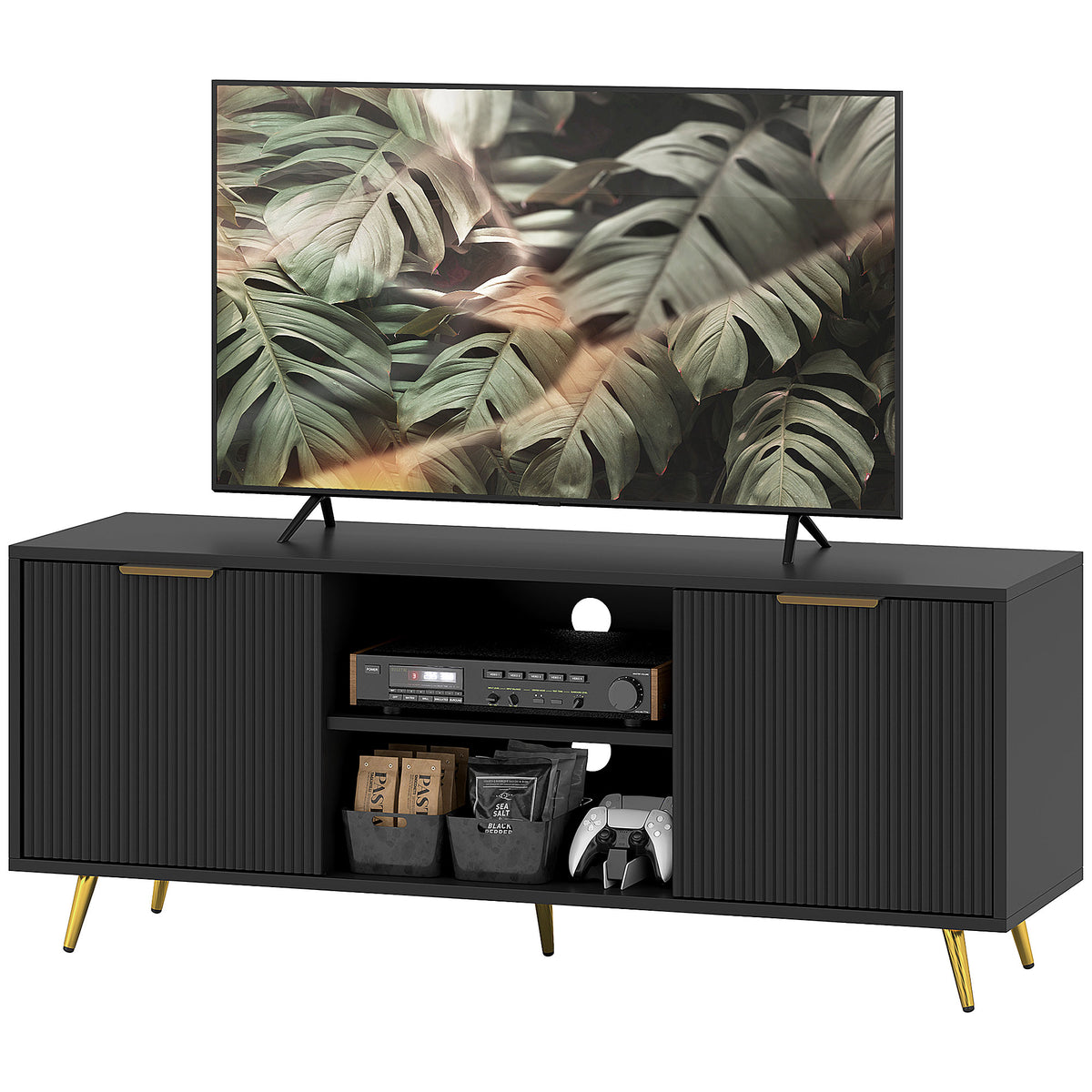 TV Stand with Storage for 55 Inch TV, Modern TV Cabinet with 2 Open Shelves and 2 Cabinets for Living Room