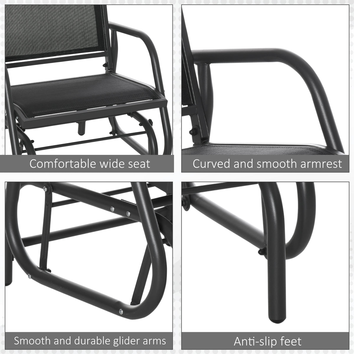 Patio Glider Outdoor Glider Chair with Breathable Mesh Seat & Backrest, Armrests and Metal Frame, Black