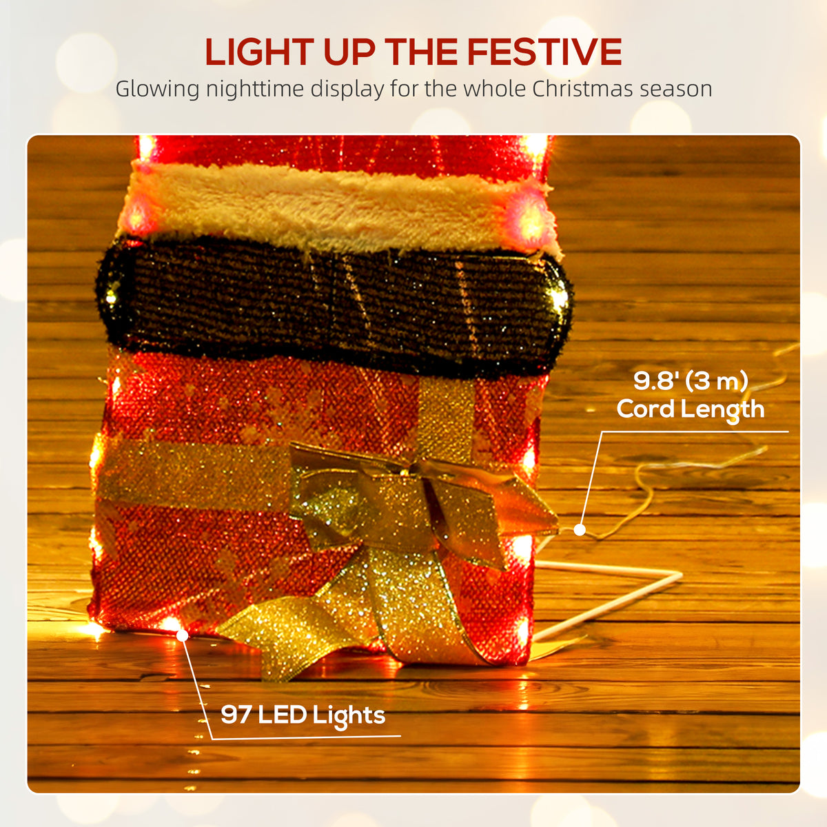 3ft Lighted Santa Claus, Light Up Christmas Decor with 97 LEDs, Stakes and Zip Ties, IP44 Waterproof for Indoor Outdoor