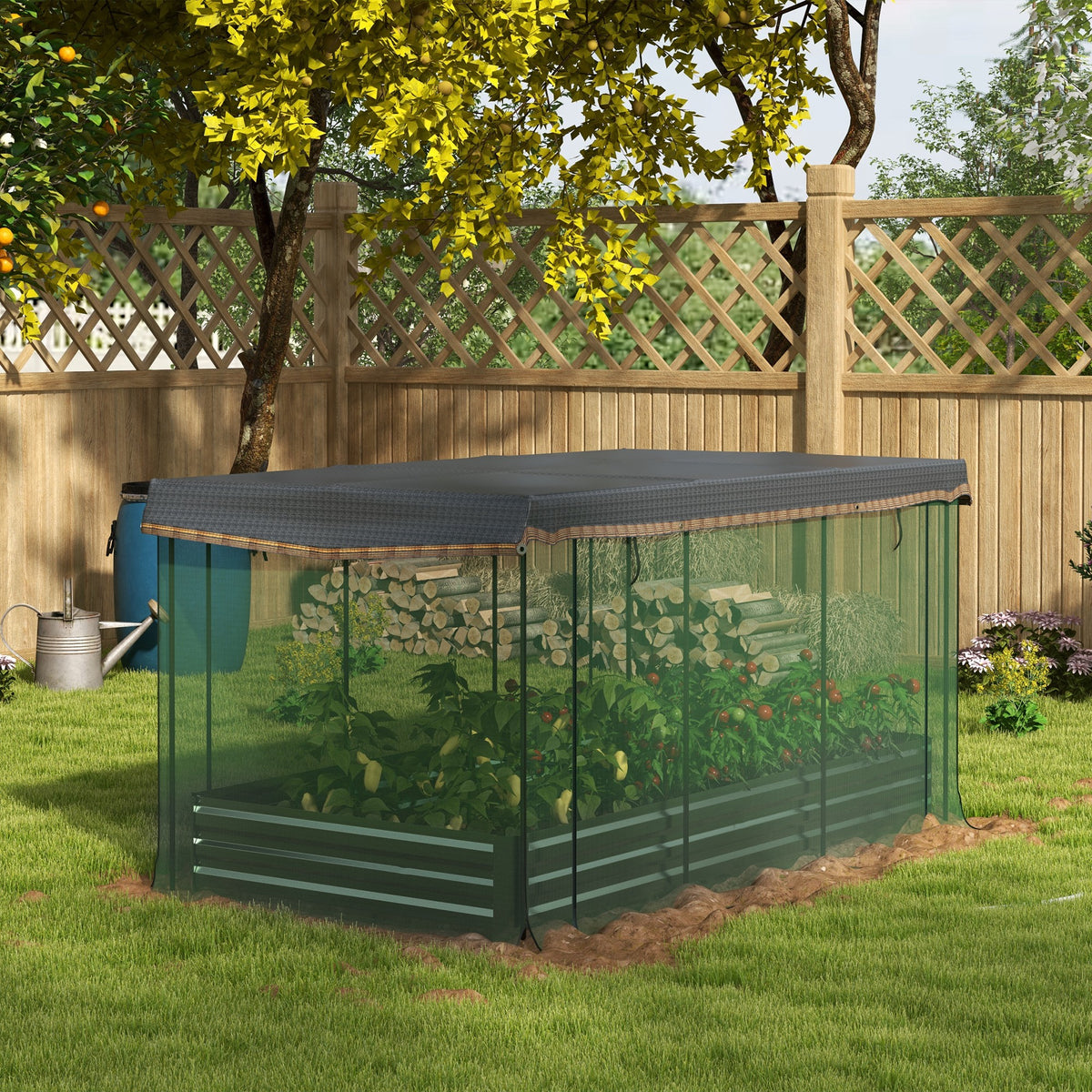 Galvanized Steel Planter Box with Crop Cage and Shade Cloth, Raised Garden Bed for Flowers, Vegs and Herbs