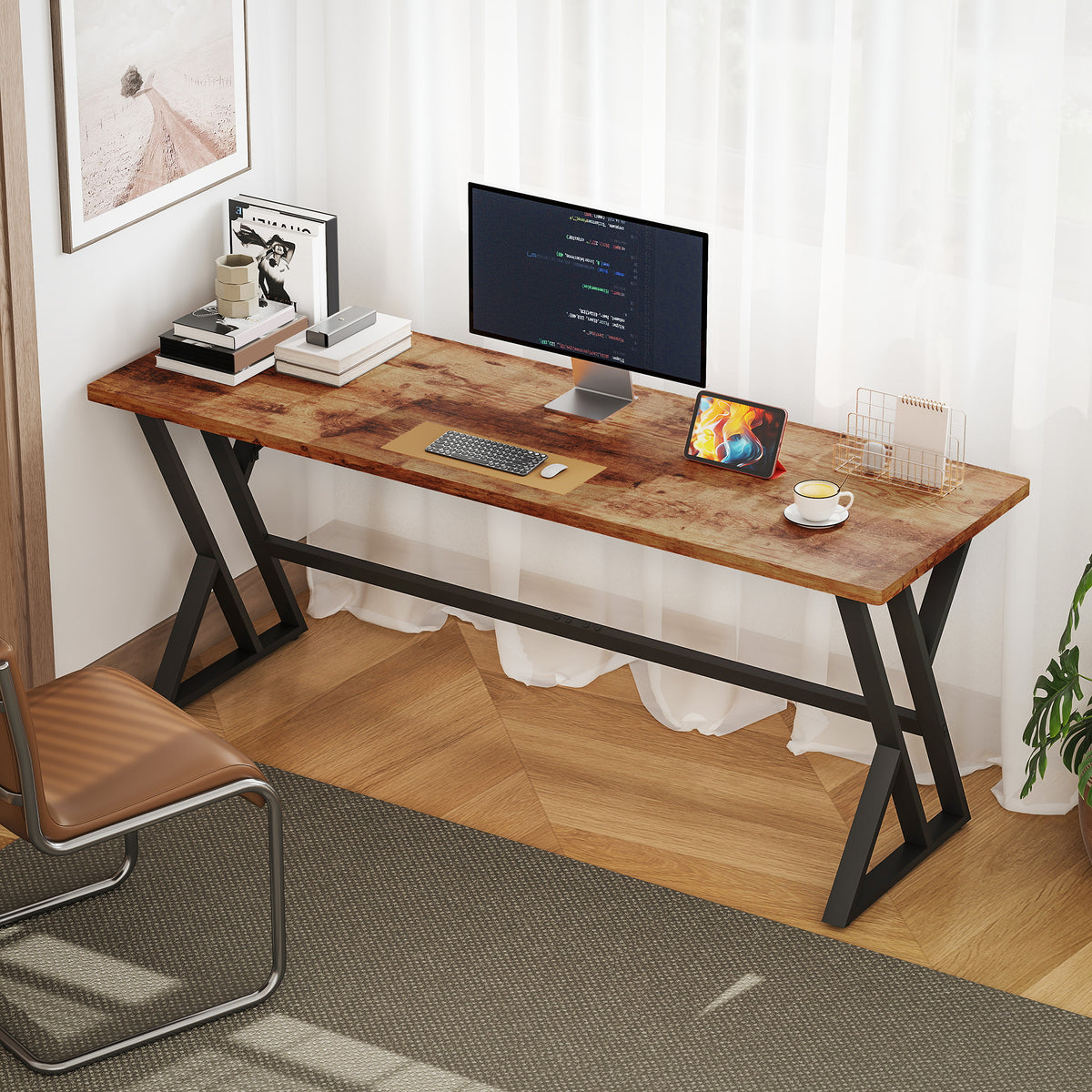 71" Computer Desk, Industrial Writing Table with X-Shaped Frame for Home Office, Rustic Brown