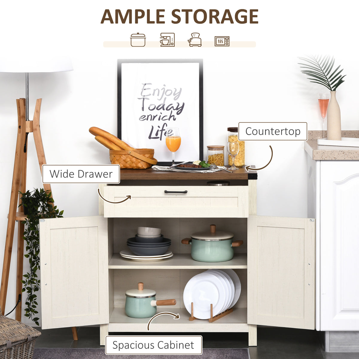 Farmhouse Kitchen Storage Cabinet, Sideboard Buffet Cabinet with 2 Rustic Barn Doors and Drawer, Oak