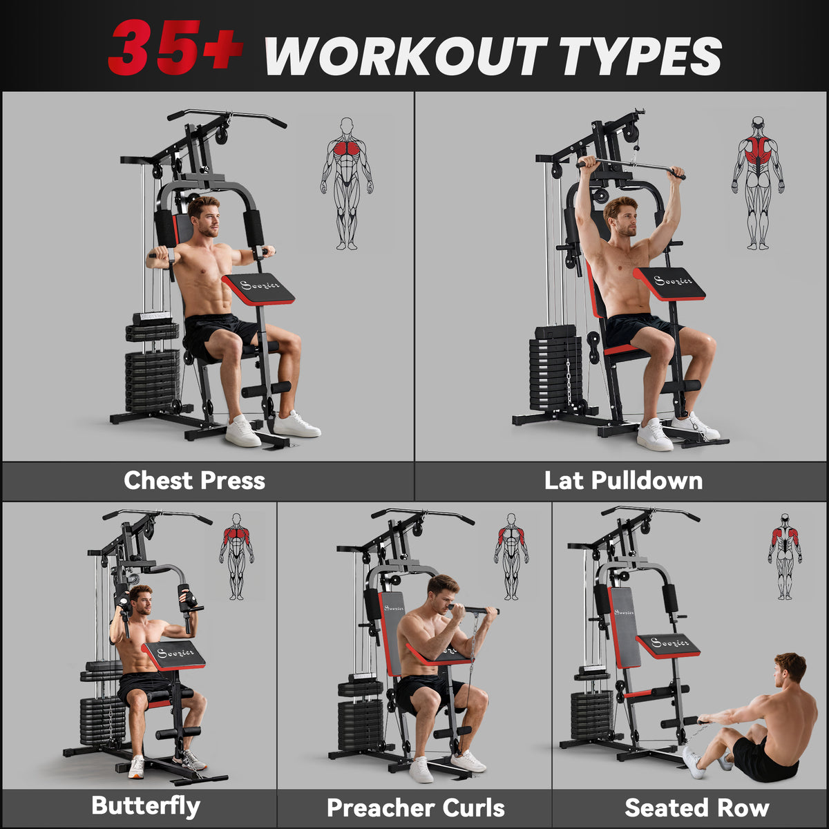 Soozier Home Gym Equipment Weight Training Machine, Multifunction Workout Machine with 143lbs Weight Stack for Full Body Workout and Strength Training