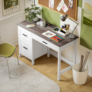 Computer Desk with 3 Drawers, Farmhouse Home Office Desk with File Drawer and Wood Grain Top for Small Spaces, White