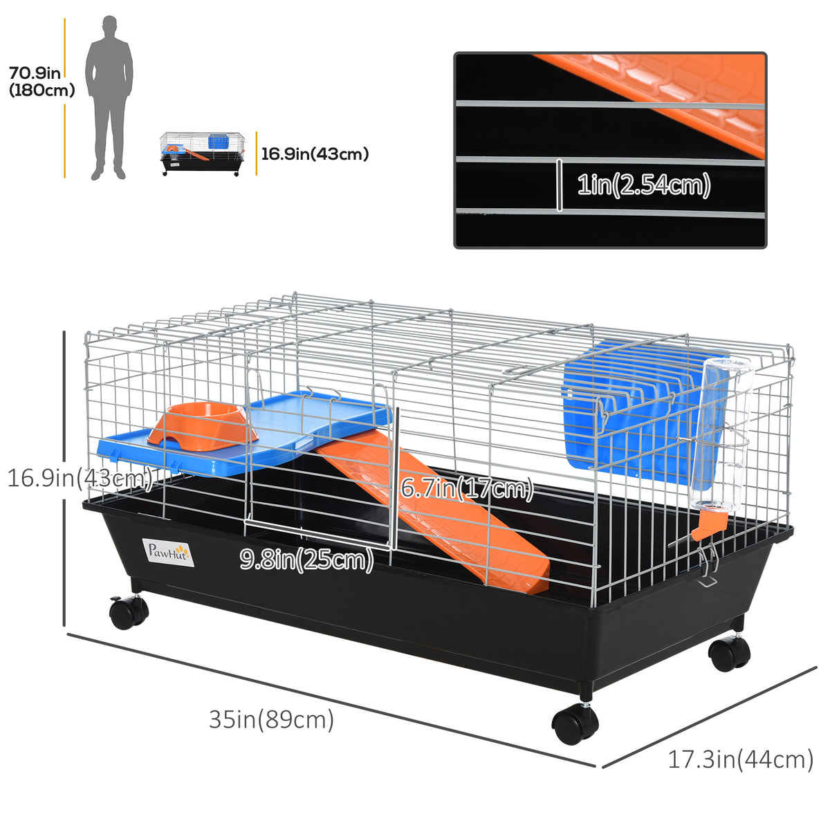 Small Animal Cage, Rolling Bunny Cage, Guinea Pig Cage with Food Dish, Water Bottle, Hay Feeder, Platform – view 2
