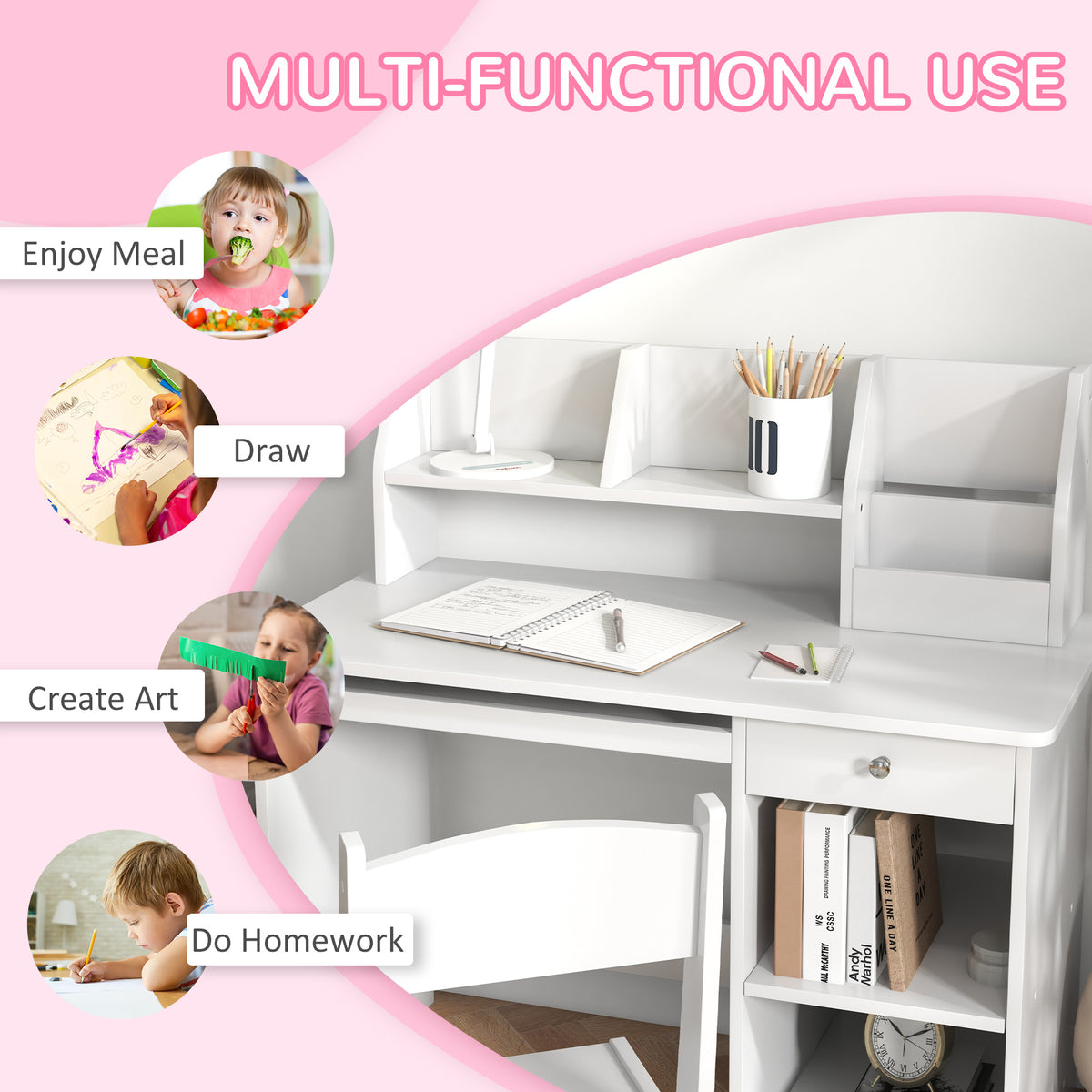 Qaba Kids Desk and Chair Set for 5-8 Year Old with Storage, Study Table and Chair for Children
