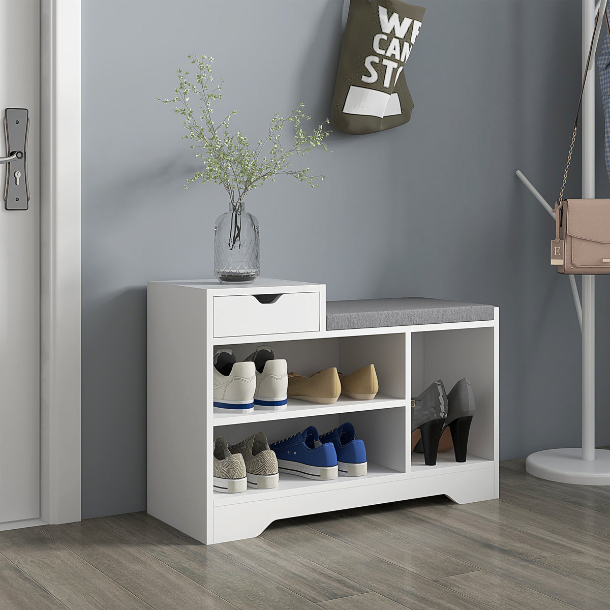Upholstered Shoe Storage Bench, Hallway Shoe Storage with Seat, Drawer, 3 Open Shelves for Entryway, Grey – view 20