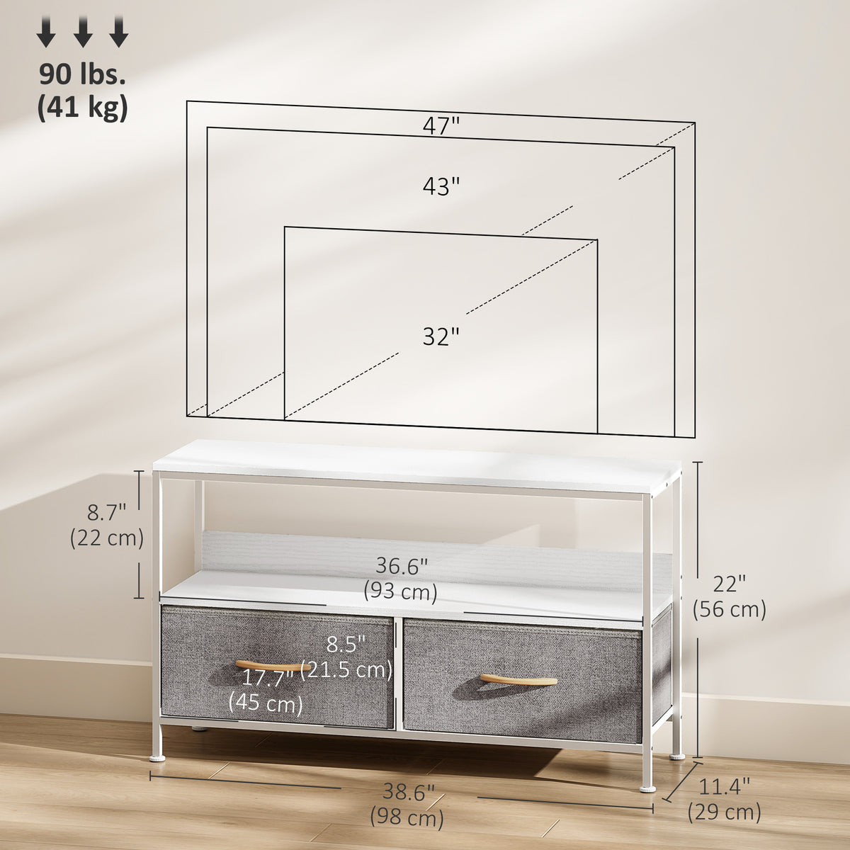 TV Stand with Charging Station, TV Table with 2 Foldable Linen Drawers and Open Shelf for 47 Inch – view 9
