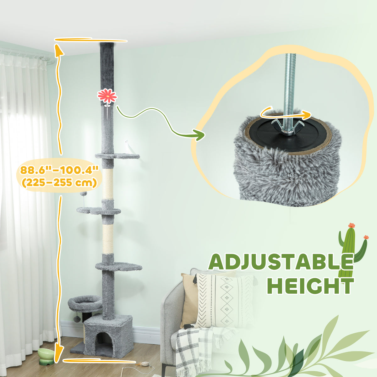 Floor to Ceiling Cat Tree, 4 Tiers Tall Kitty Climbing Tower with Scratching Post, Adjustable Height 87-100"
