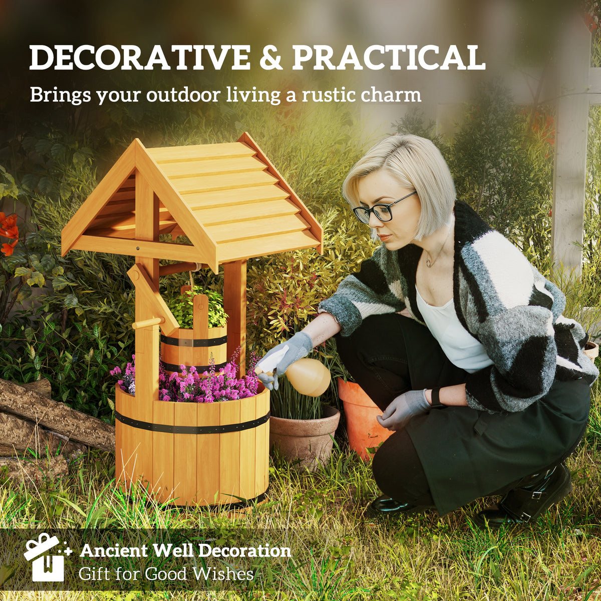 Wood Wishing Well Outdoor Wooden Planter with Hanging Bucket and Drainage Hole for Garden, Patio, Backyard, Natural
