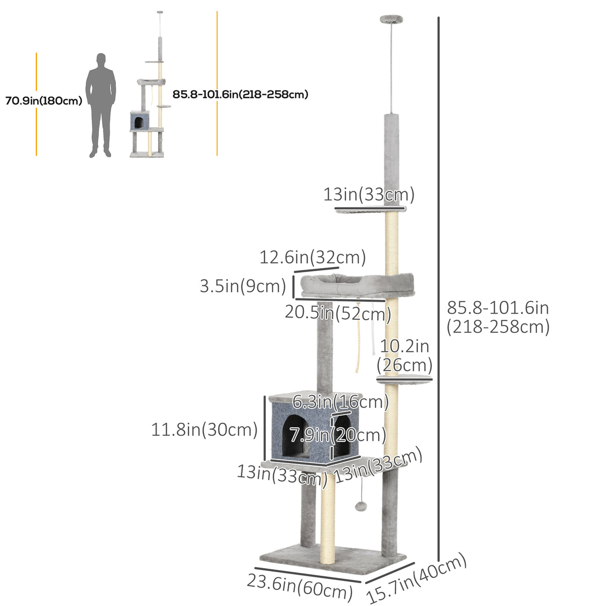 Cat Tree Floor to Ceiling Cat Tower Height Adjustable( 85-101 Inches), Tall Large Cat Climbing Activity Center with Scratching Posts Cat Condo Cozy Bed, Grey