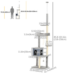 Cat Tree Floor to Ceiling Cat Tower Height Adjustable( 85-101 Inches), Tall Large Cat Climbing Activity Center with Scratching Posts Cat Condo Cozy Bed, Grey