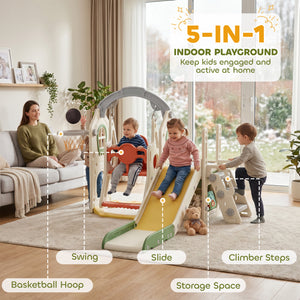 Qaba 6-in-1 Toddler Slide and Swing Set with Adjustable Swing Seat, Ladder, Climbing Wall, Basketball Hoop for Indoor Outdoor
