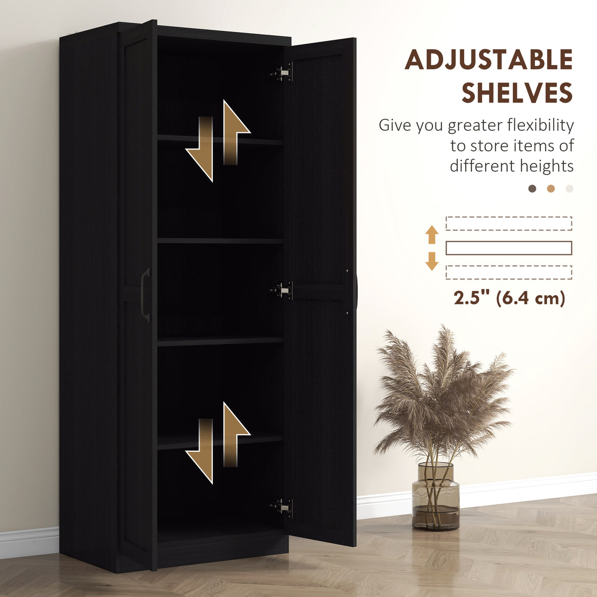 63" Kitchen Storage Cabinet, 5-tier Pantry Cabinet with Doors and Adjustable Shelves for Dining Room, Black – view 4