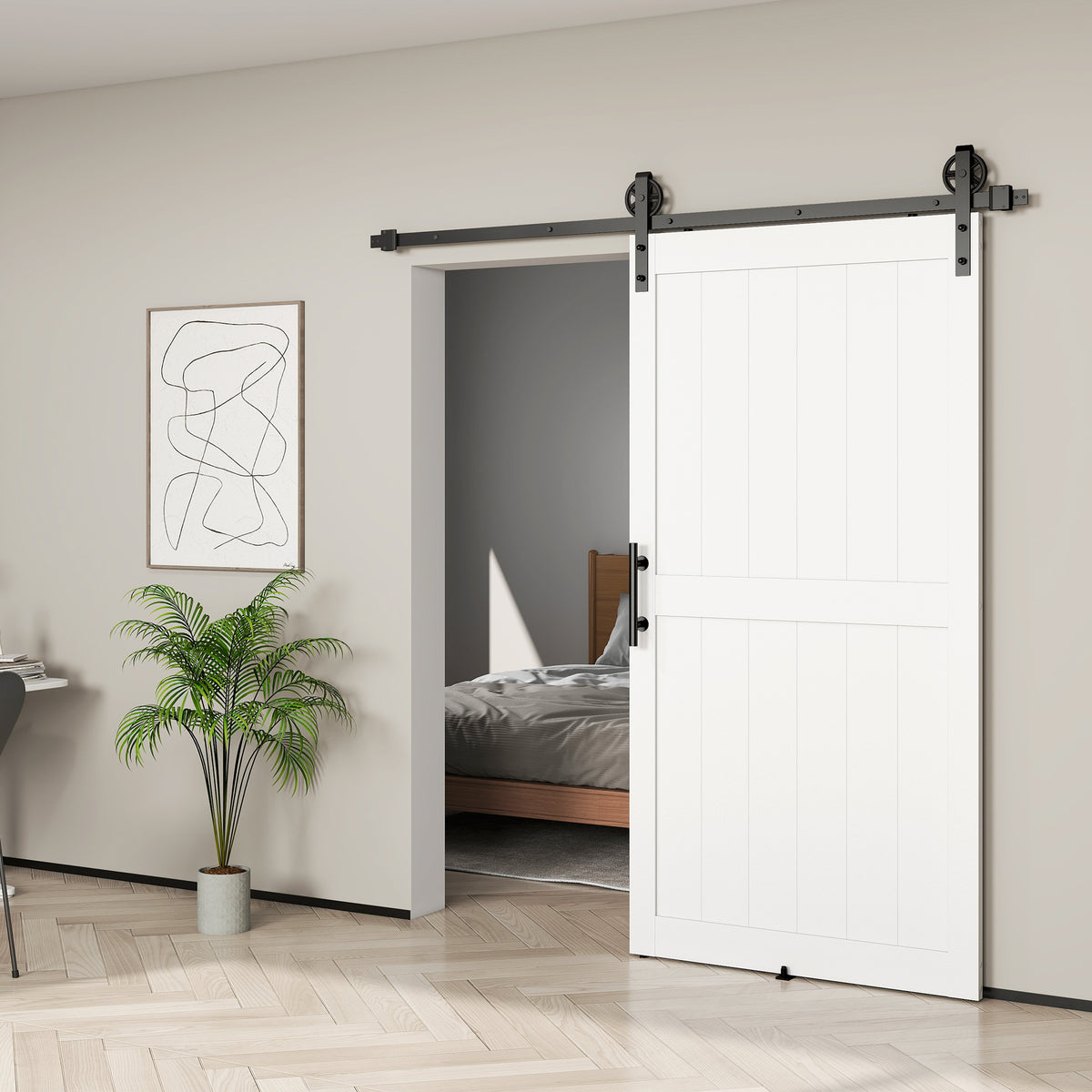 36inx84in Barn Door with 6FT Sliding Door Hardware Kit, Handle, Upgraded Rollers and Floor Guide – view 14