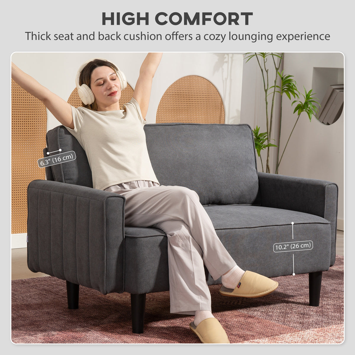 Loveseat Sofa, Linen 2 Seater Sofa Couch with Thick Padded Seat & Backrest for Living Room, Home Office, Dark Grey